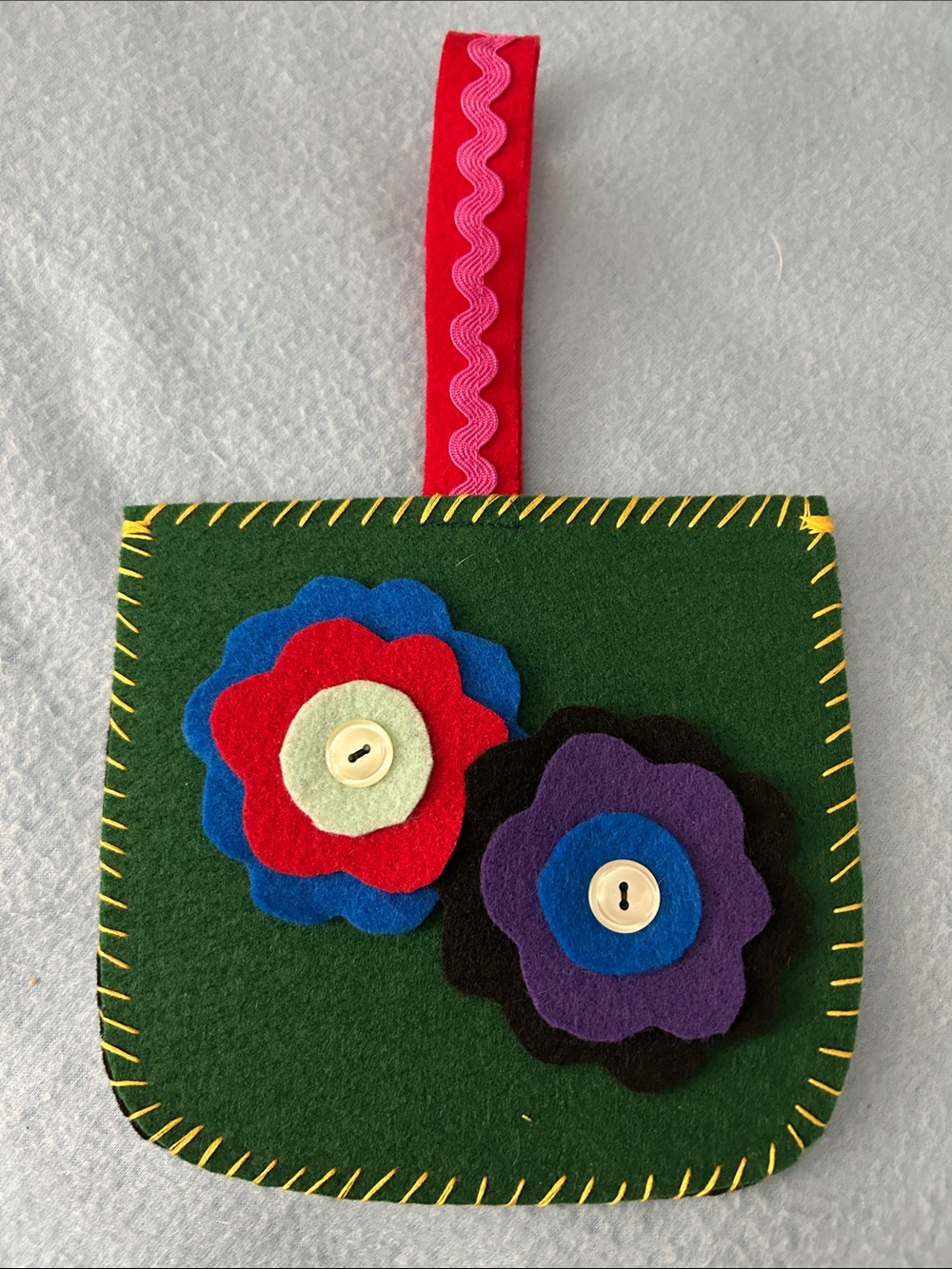 Handmade Felt Floral Wristlet in Forest Green with Multicolor Flowers